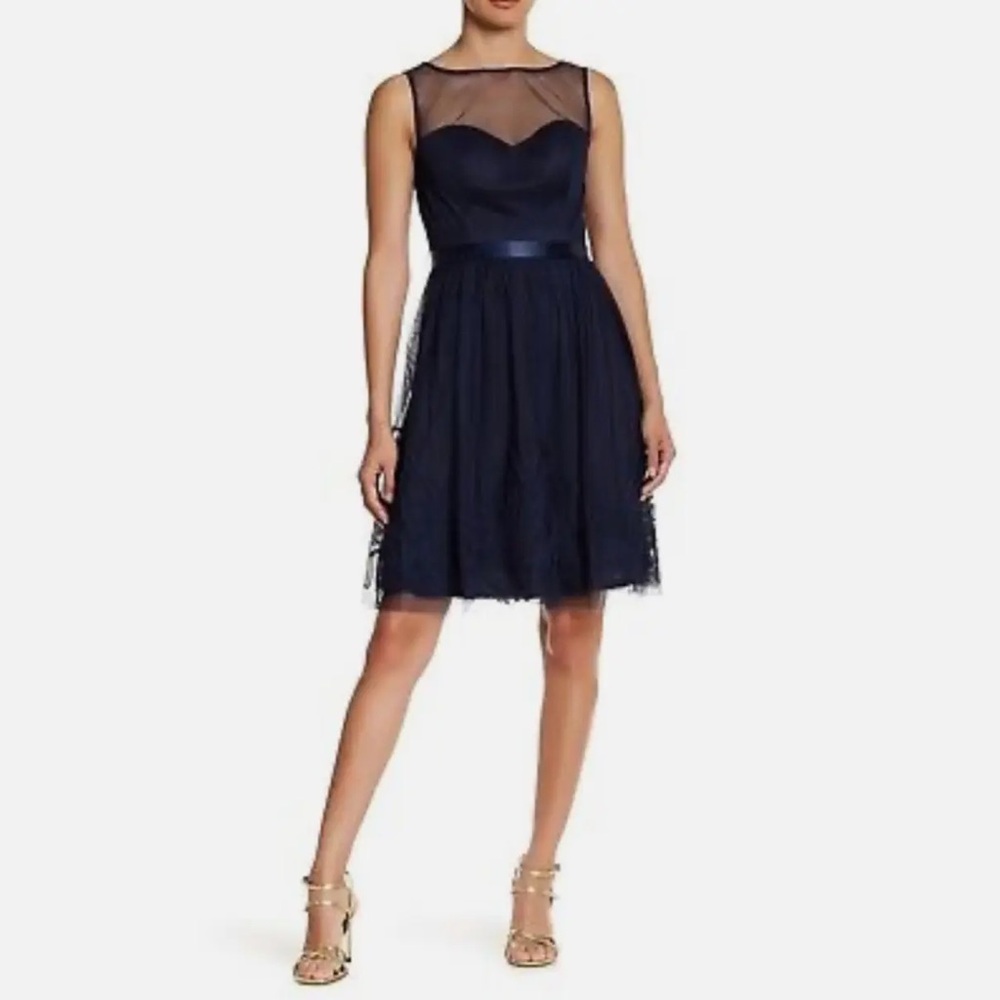 Eliza J Illusion Neckline Sleeveless Fit & Flare Navy Cocktail Dress